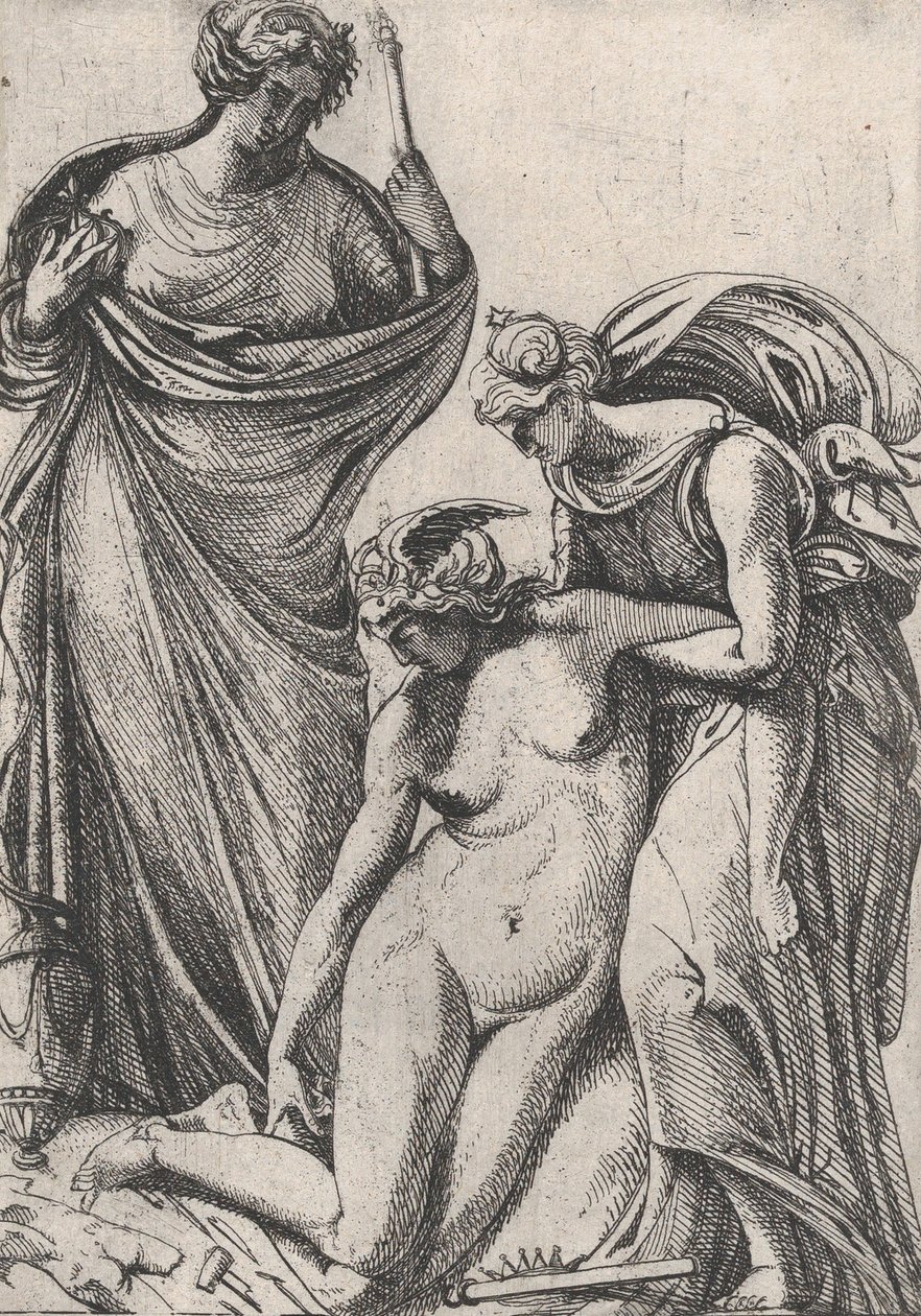 Heykelin bayılan kişileştirmesini destekleyen çalışma, yanlarında duruyor, Fran..., 1607-61. by Pierre Biard