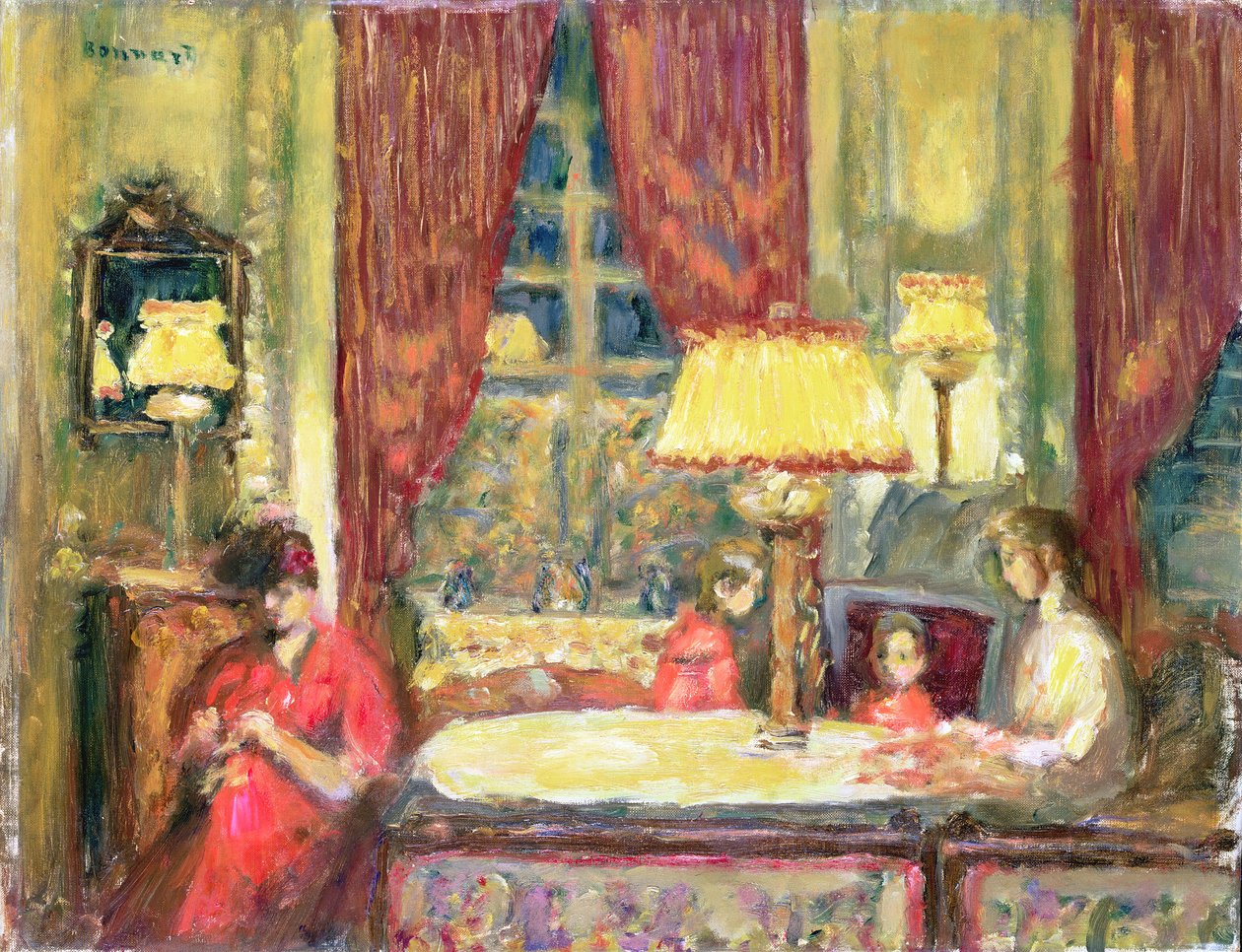 Figürlü Lamba Aydınlatmalı İç Mekan (tuval üzerine yağlı boya) by Pierre Bonnard