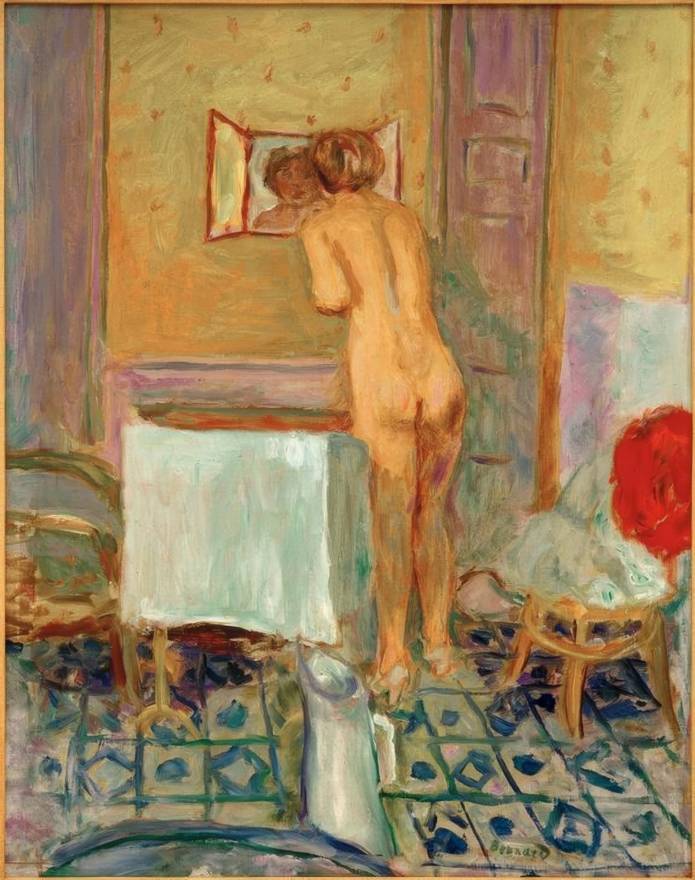 Kırmızı kumaşta çıplak veya tuvalette çıplak by Pierre Bonnard