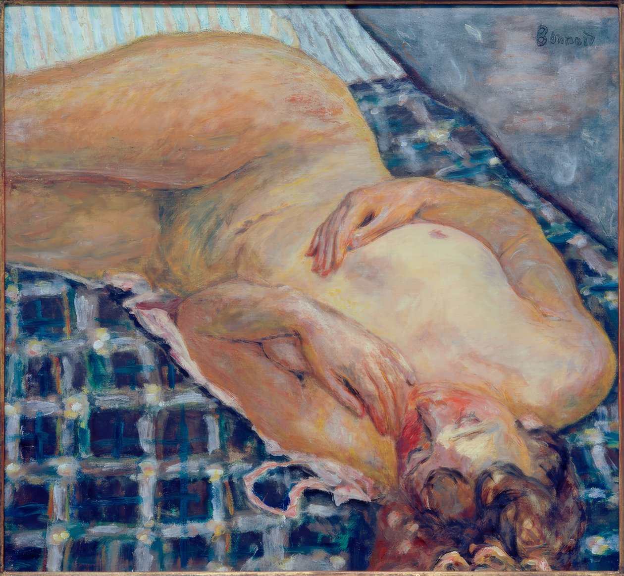Çıplak, beyaz ve mavi kareli arka planda uzanmış by Pierre Bonnard