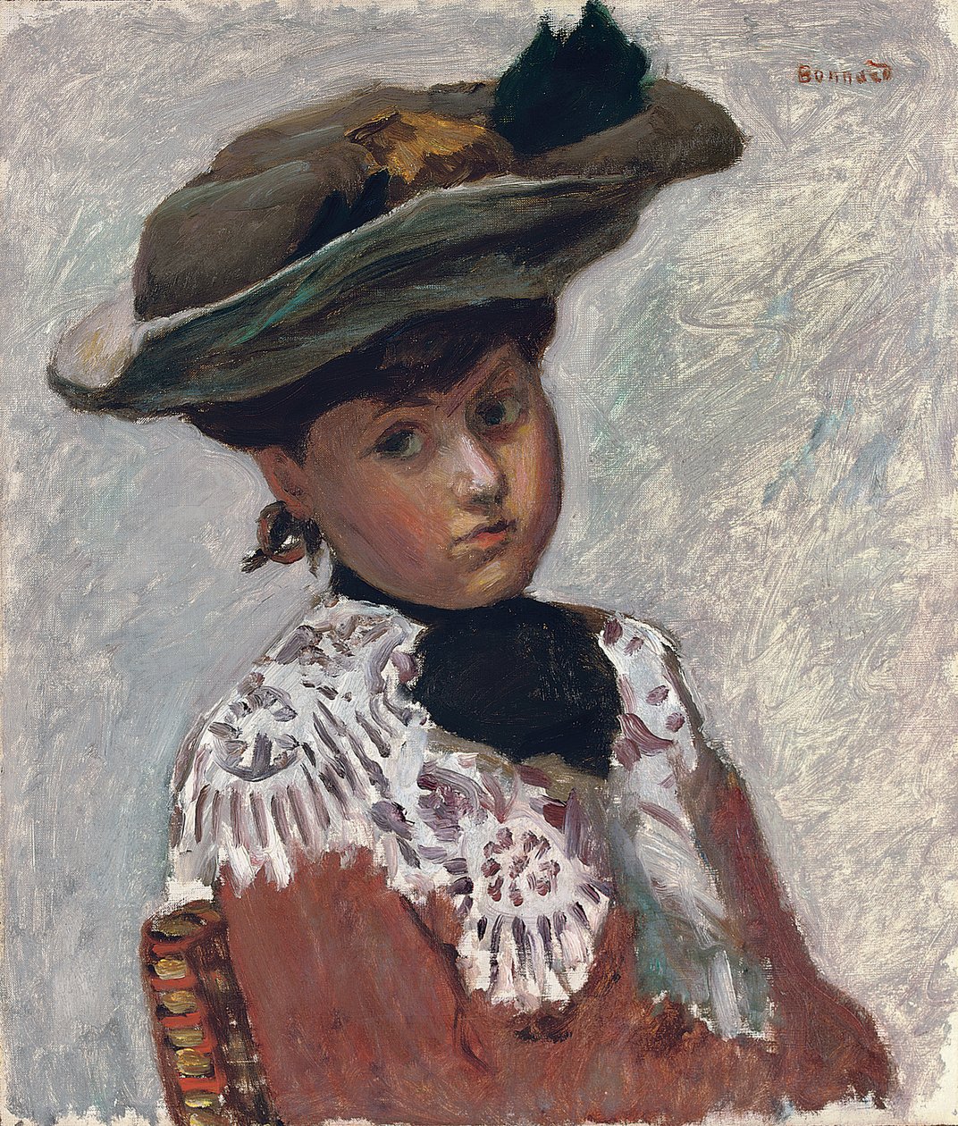 Genç Bir Kadının Portresi veya Şapka; Genç Bir Kadının Portresi (Şapka), c.1905 (gemiye serilmiş tuval üzerine yağlı boya) by Pierre Bonnard
