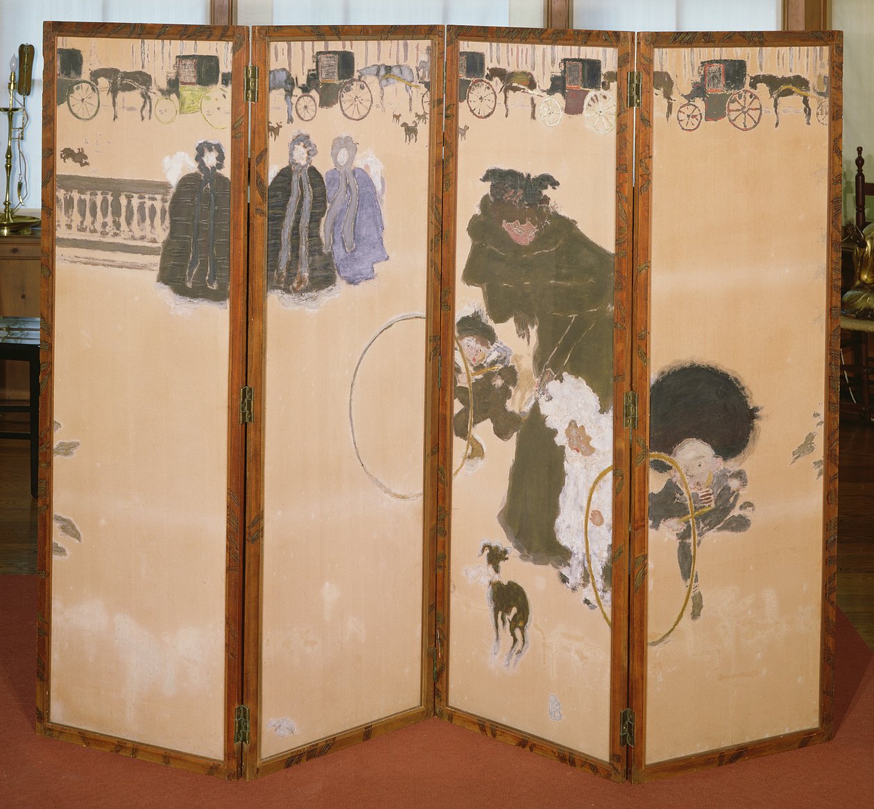 Dadılar Yürüyüşe Çıktı veya Hackney Arabalarının Frizleri, 4 panelli katlanır ekran, 1899 (ahşap ekranda renkli baskılar) by Pierre Bonnard