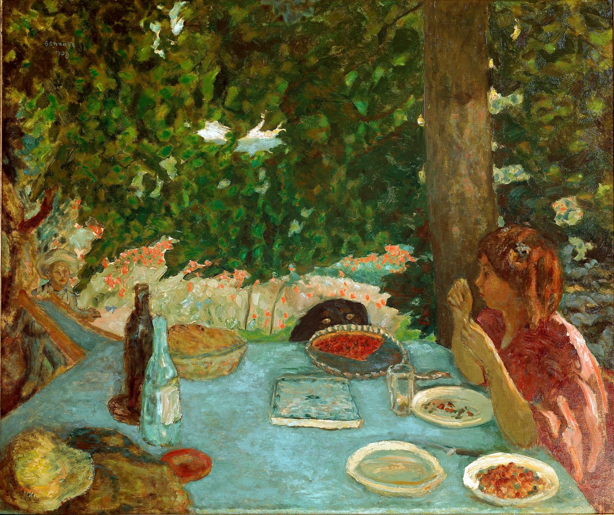 Kirazlı turta Oturan genç kadının bahçesinde bir masa var. Pierre Bonnard