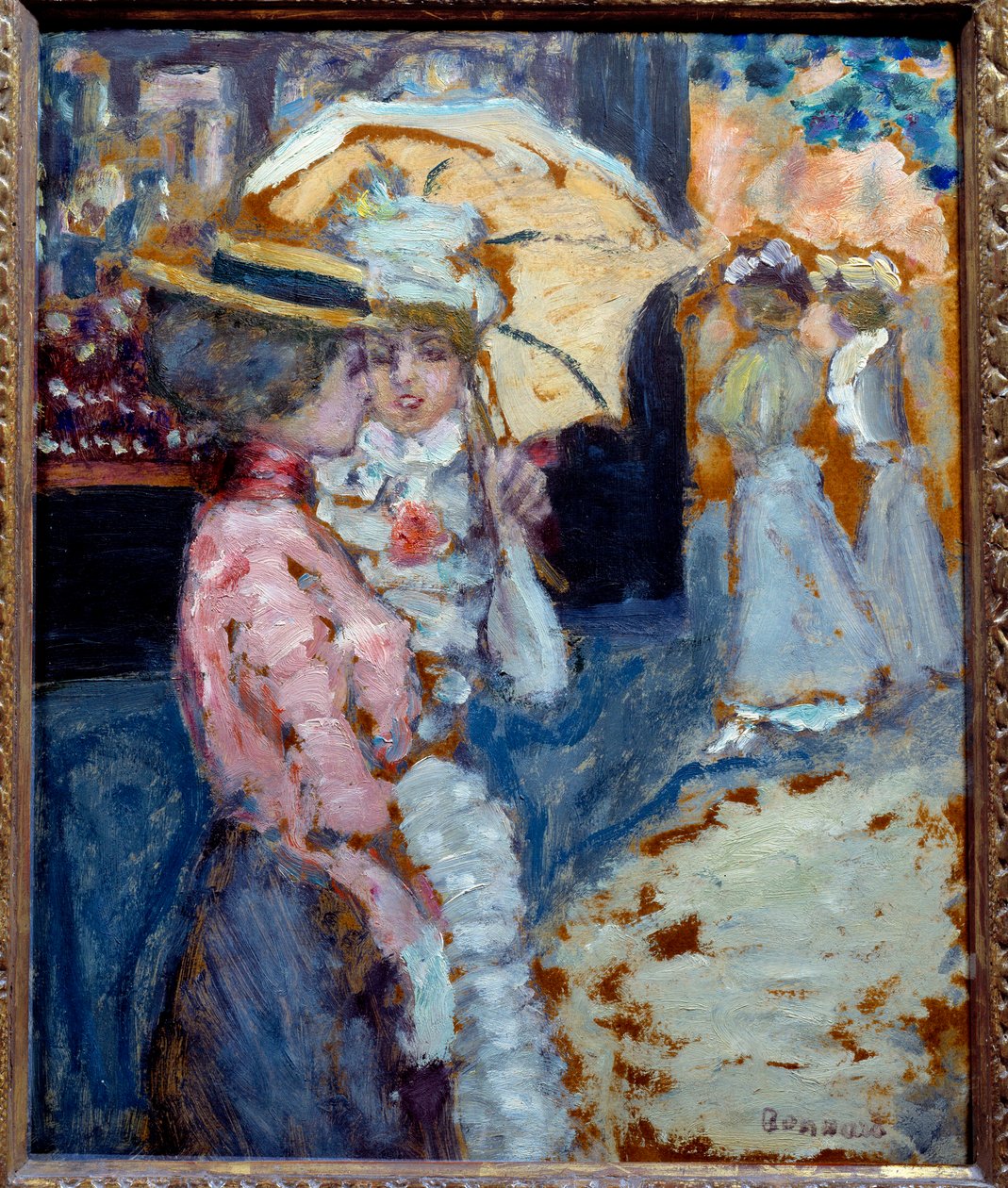 Yürüyüş Belle Epoque modasına bürünmüş iki zarif genç kadın şemsiyelerinin altında konuşuyor. Pierre Bonnard (1867-1947) 1900 Sun tarafından tablo. 0,38x0,21 m Özel koleksiyon by Pierre Bonnard