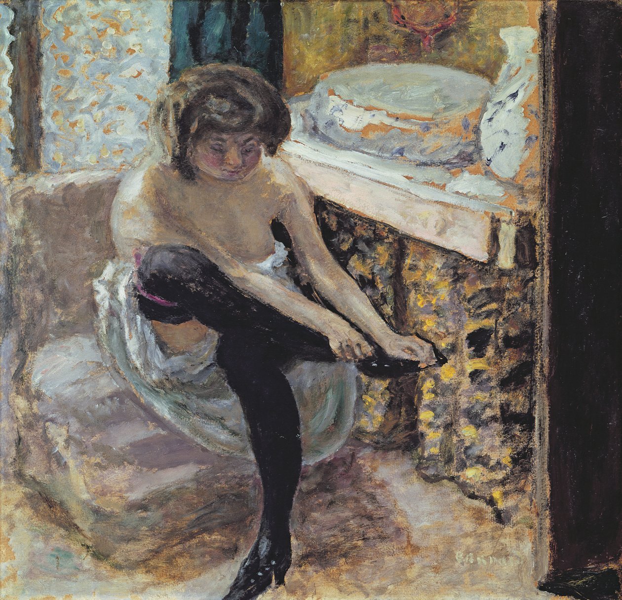 Siyah Çoraplı Kadın veya Tuvaletteki Kadın, c.1900 (kart üzerinde yağlı boya) by Pierre Bonnard