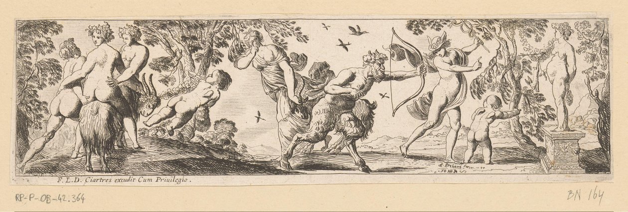 Merkür seyrederken Satyr, Bacchus heykeline ok atıyor by Pierre Brebiette