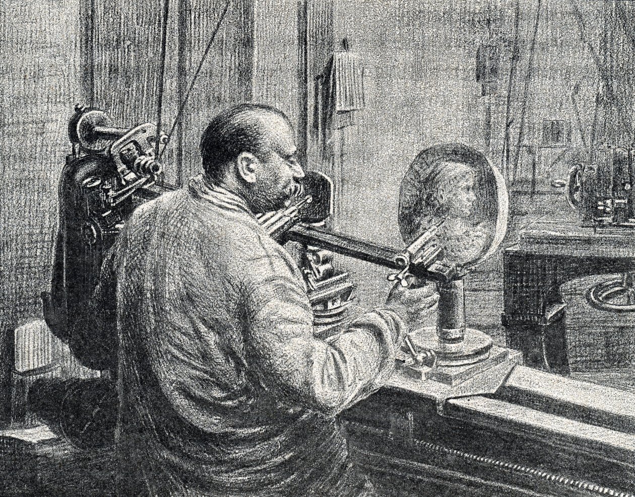 Bir tür pantograf freze makinesi kullanan bir madalya sahibi Pierre Calmette Özel Koleksiyonu "Excursion a travers les metiers" gravürü by Pierre Calmettes