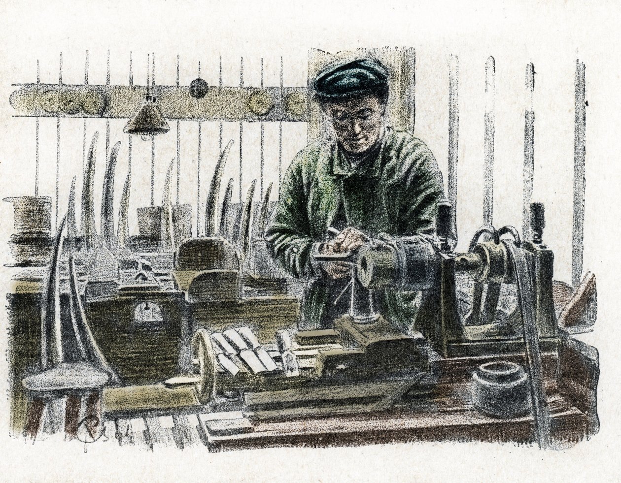Fil savunması üzerinde çalışan atölyesinde iş yerinde fil dişi oyan bir Fildişi işçisi (Fil dişi oyan fildişi işçi) Pierre Calmette'in "" Excursion a travers les metiers" gravürü Koleksiyon hakkı by Pierre Calmettes