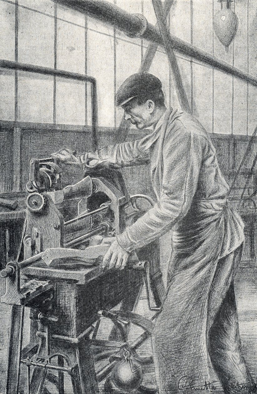 Bir silah fabrikasında tüfek dipçiklerinin kesilmesi Pierre Calmette Özel Koleksiyonundan gravür by Pierre Calmettes