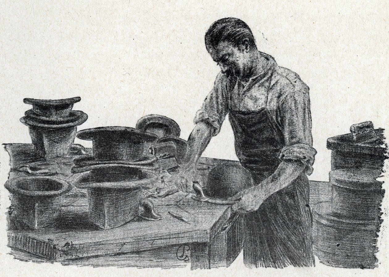 Şapkacı: melon şapkanın kenarlarının kenetlenmesi (Melon şapka yapmak) Pierre Calmette Özel Koleksiyonu "Excursion a travers les metiers"den alınan gravür by Pierre Calmettes