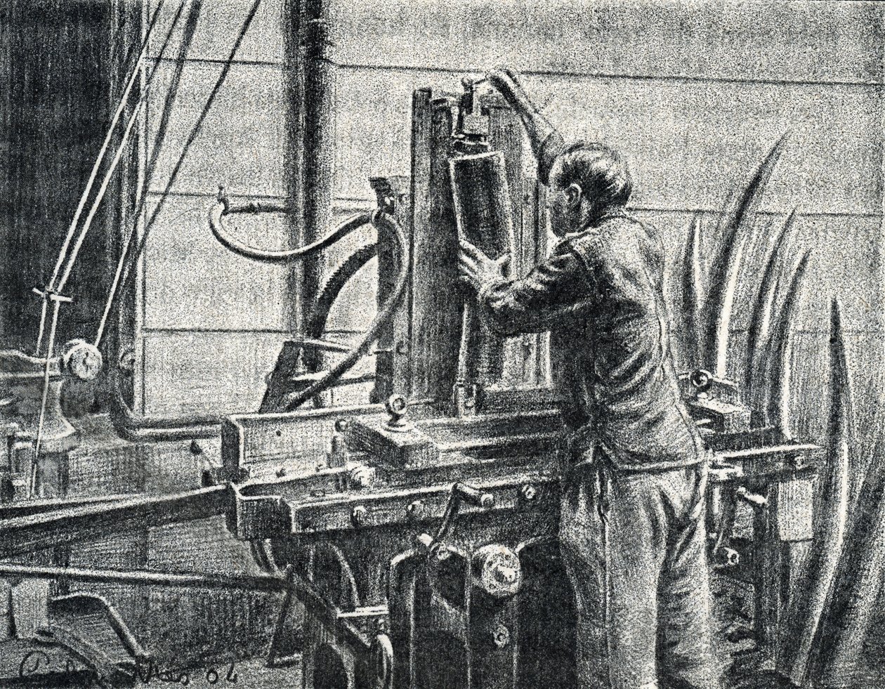 Fil dişlerini kesen fildişi ustası Pierre Calmette Özel Koleksiyonu “Excursion a travers les metiers”den gravür by Pierre Calmettes