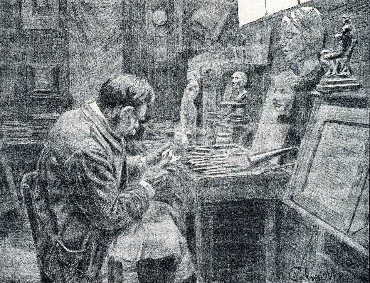 Keski, sıyırıcılar ve oyuklarla fildişi oyan fildişi işçisi Pierre Calmette Özel Koleksiyonu “Excursion a travers les metiers”den gravür by Pierre Calmettes