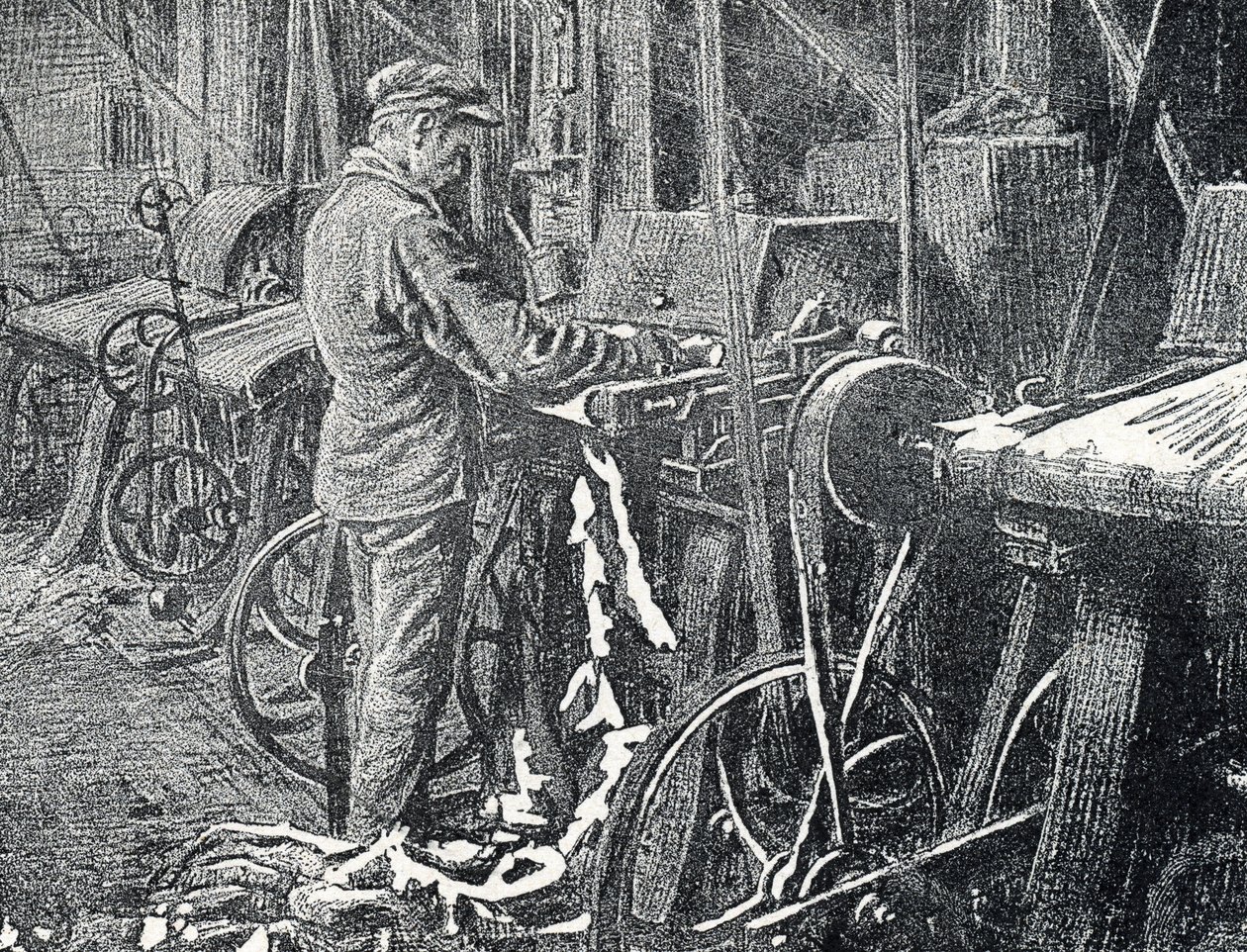 Deri endüstrisi: kürklerin mekanik olarak biçilmesi Pierre Calmette Özel Koleksiyonu "Excursion a travers les metiers"den gravür by Pierre Calmettes