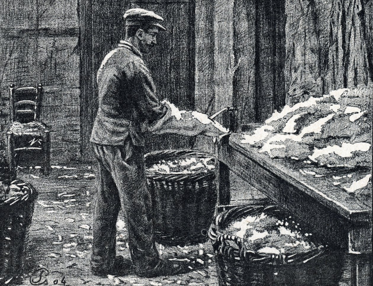 Deri: Pierre Calmette Özel Koleksiyonu "Excursion a travers les metiers"den deri işlemek için tavşan derilerinin yarılması by Pierre Calmettes