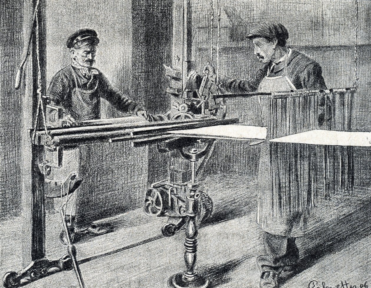 İpek atölyesi: Klasörde zincirin hazırlanması (İpek işi) Pierre Calmette Özel Koleksiyonu'nun “Metierler boyunca gezinti”den alınan gravür by Pierre Calmettes