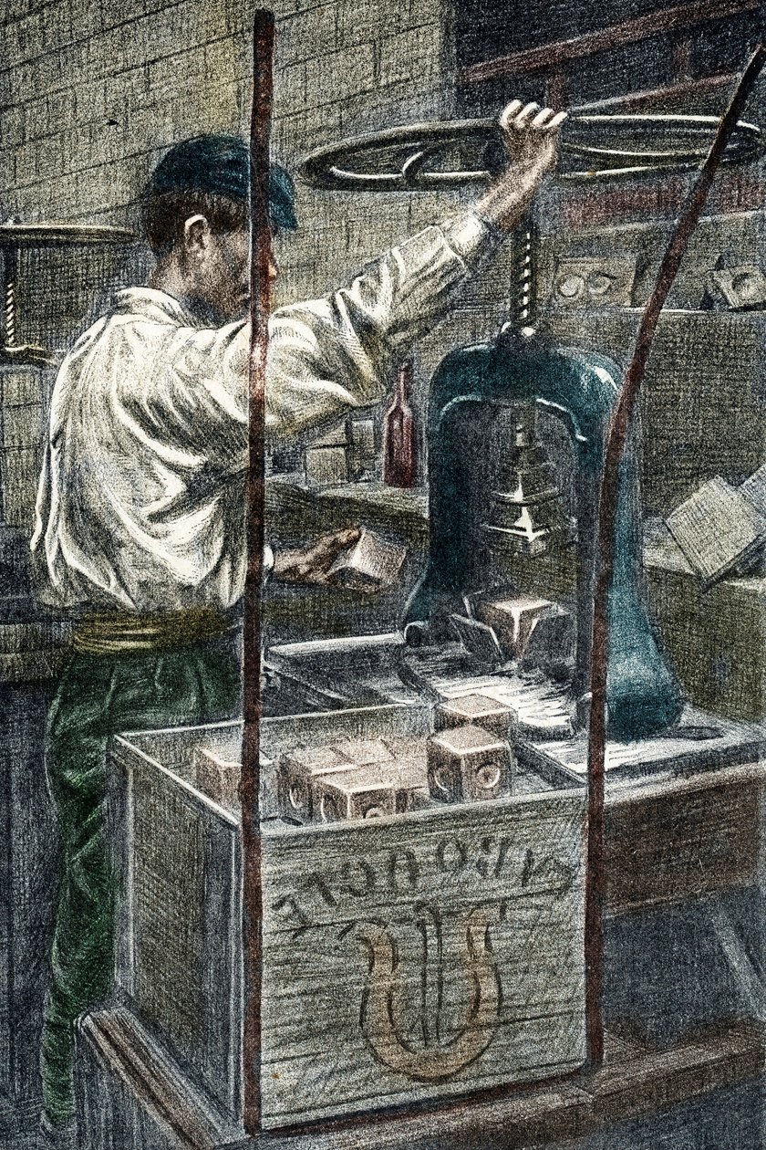 Sabun fabrikası: Sabun markasının damgalanması Pierre Calmette Özel Koleksiyonu "Excursion a travers les metiers"den gravür by Pierre Calmettes