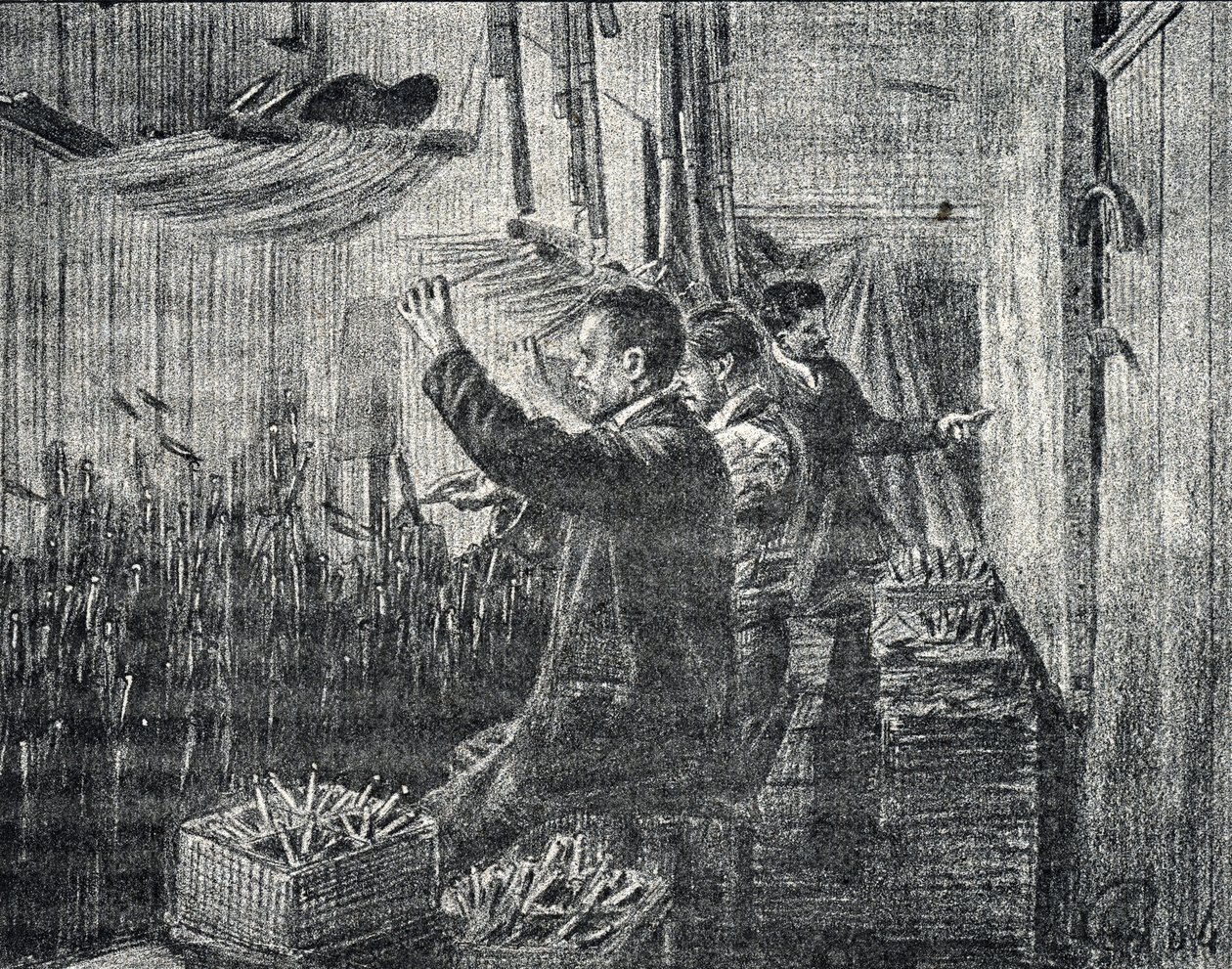 Aubusson Goblen: döşemeciler baş aşağı çalışıyor Pierre Calmette'in "Excursion a travers les metiers" gravürü Koleksiyon hakkı by Pierre Calmettes