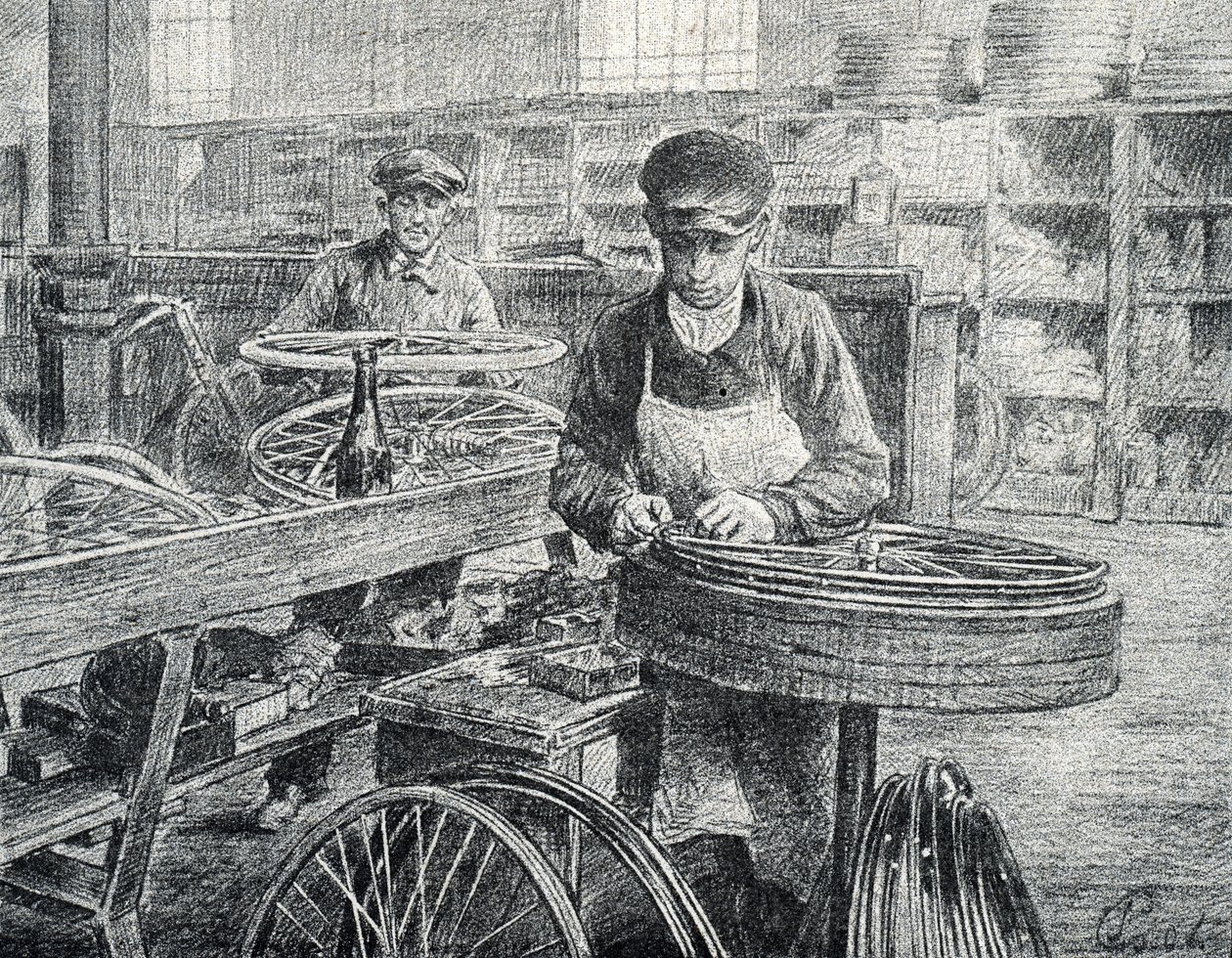 Üretimi sırasında bir bisikletin tekerlek tellerini jantlarına bağlayan işçiler (bisiklet üretimi) Pierre Calmette Özel Koleksiyonu'ndan gravür by Pierre Calmettes