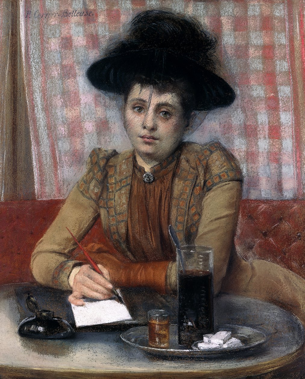 Kafede, c.1900-1901 (tuval üzerine serilen kağıt üzerine pastel) by Pierre Carrier Belleuse