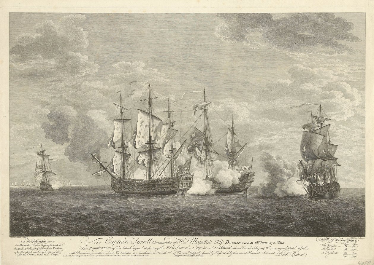 Bir İngiliz gemisinin St. Eustatius açıklarında üç Fransız gemisine saldırısı, 1758 by Pierre Charles Canot