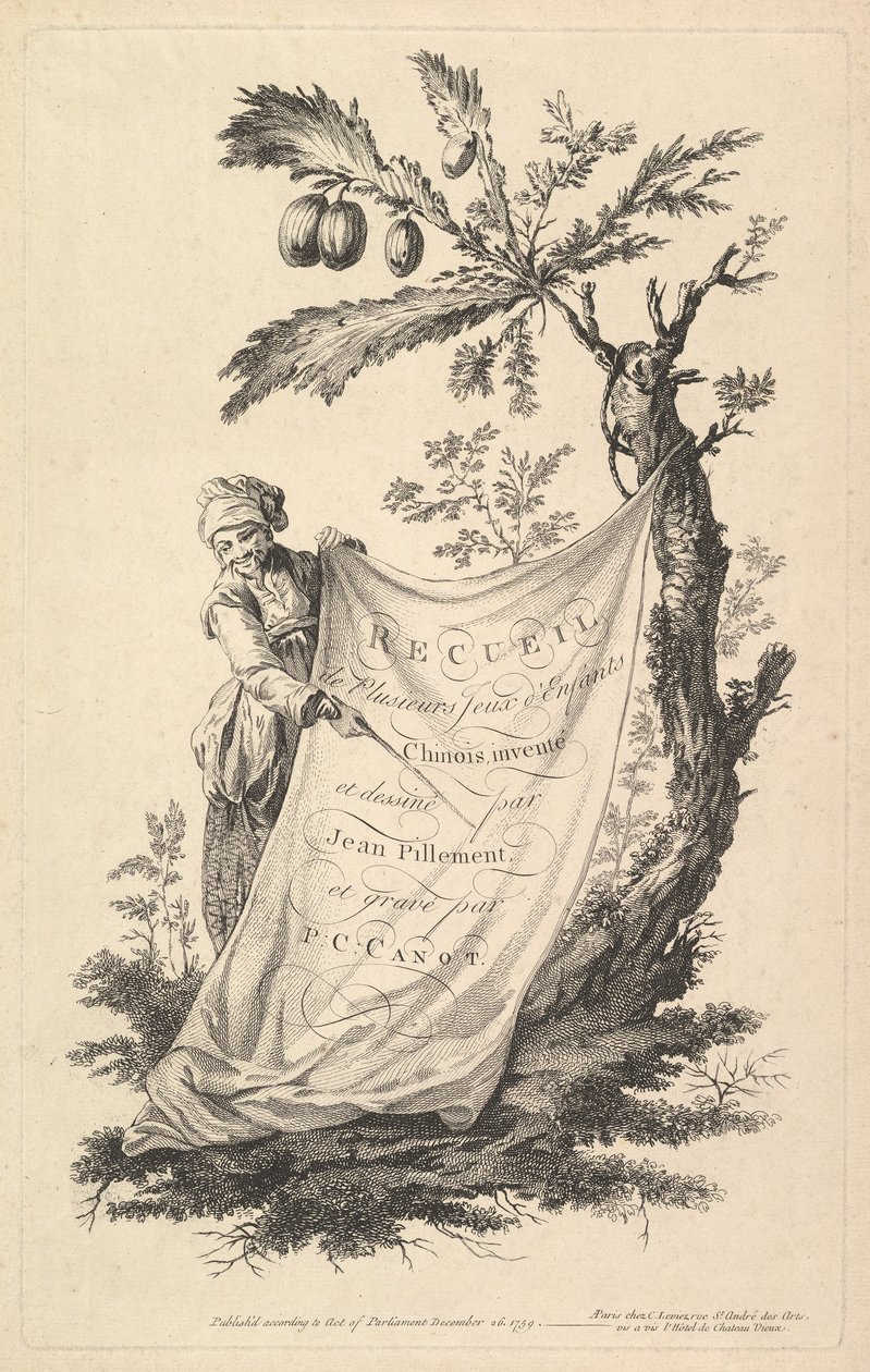 Başlık sayfası: Gülümseyen bir adam, incir ağacına bağlı bir kumaşın köşesini tutar ve s..., 1759 ile işaret eder. by Pierre Charles Canot