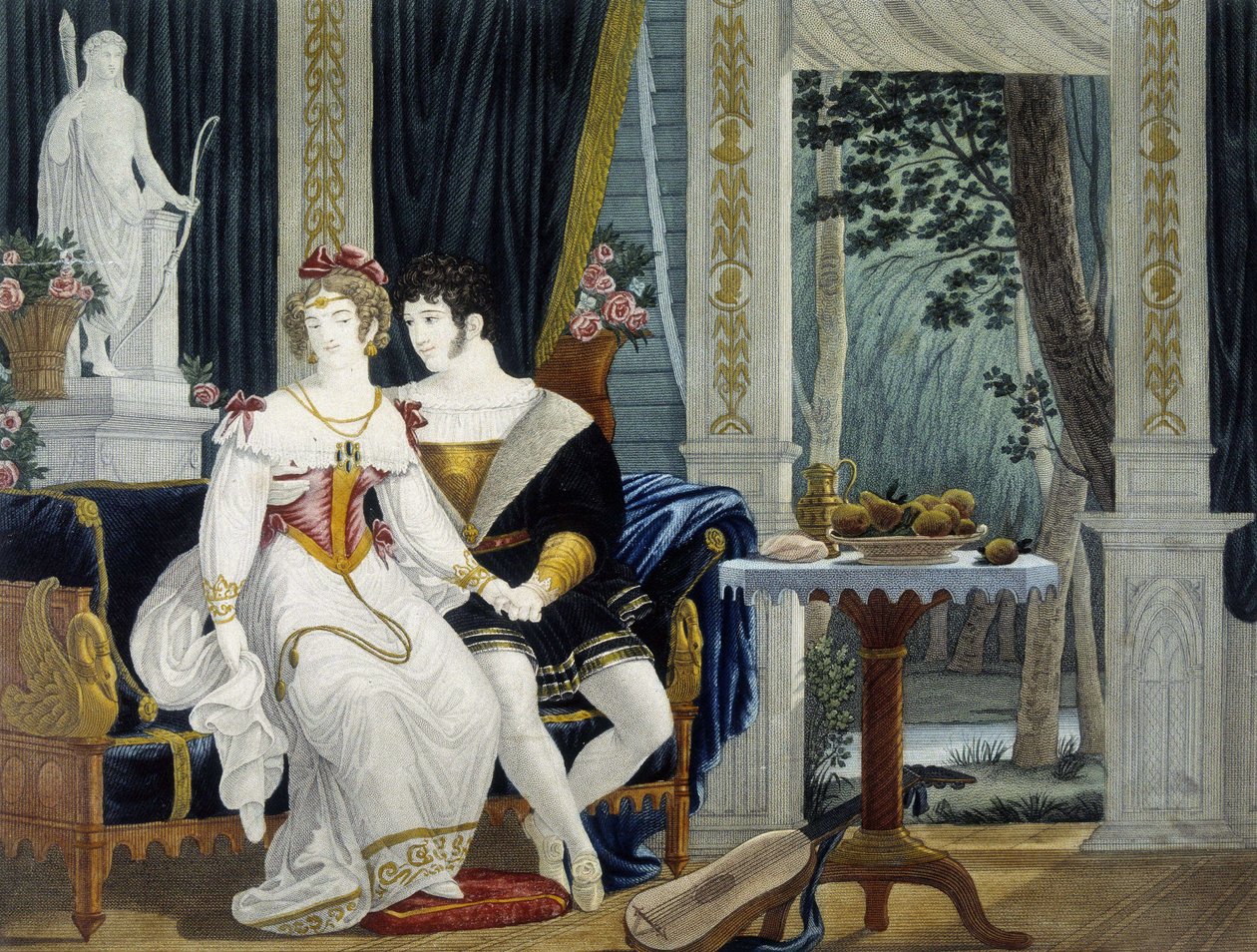 Bir iç mekanda galante bir sohbette genç burjuva çift - Pierre Chasselat, deb. 19. yüzyıl by Pierre Chasselat