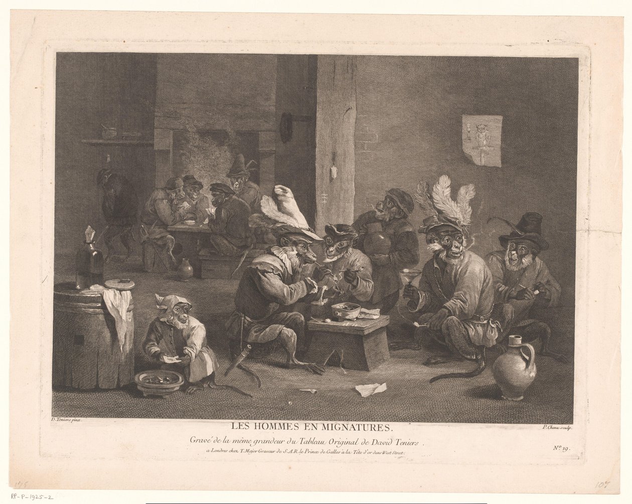 Les hommes en Mignatures hanında sigara içen ve içki içen maymunlar. (nesne üzerindeki başlık) by Pierre Chenu