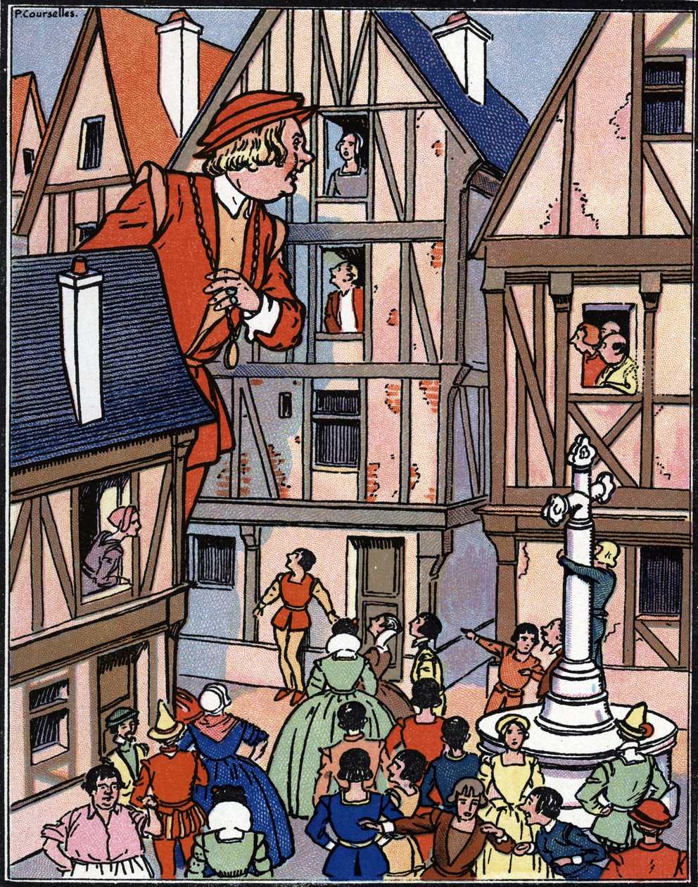 Chinon sokaklarındaki dev Gargantua, François Rabelais'in “Gargantua”sından Pierre Couselles'in (1938'de öldü) illüstrasyonu by Pierre Courselles