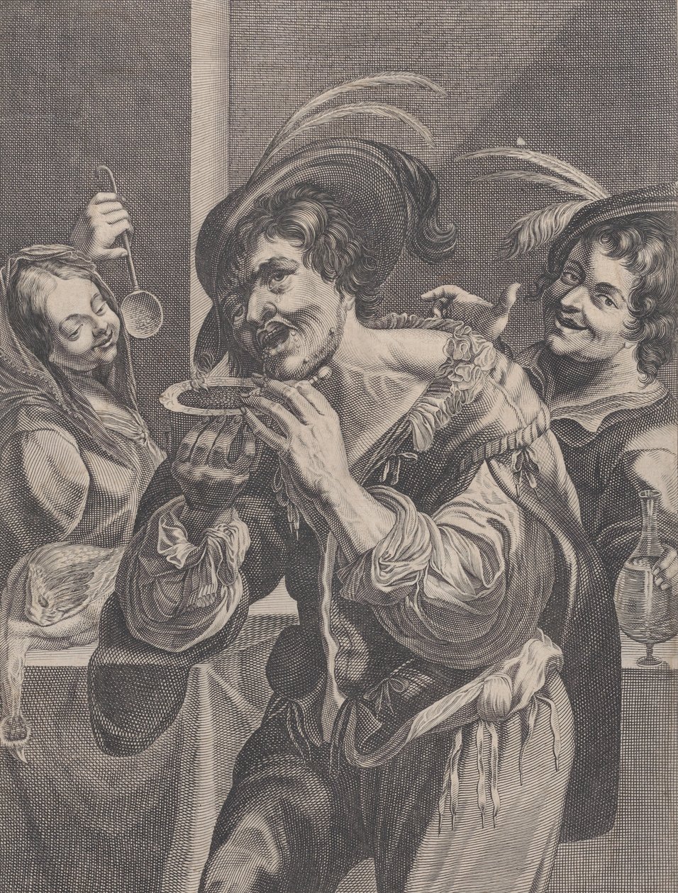 İki kişi onu izlerken çorba içen adam, 1624-75. by Pierre Daret