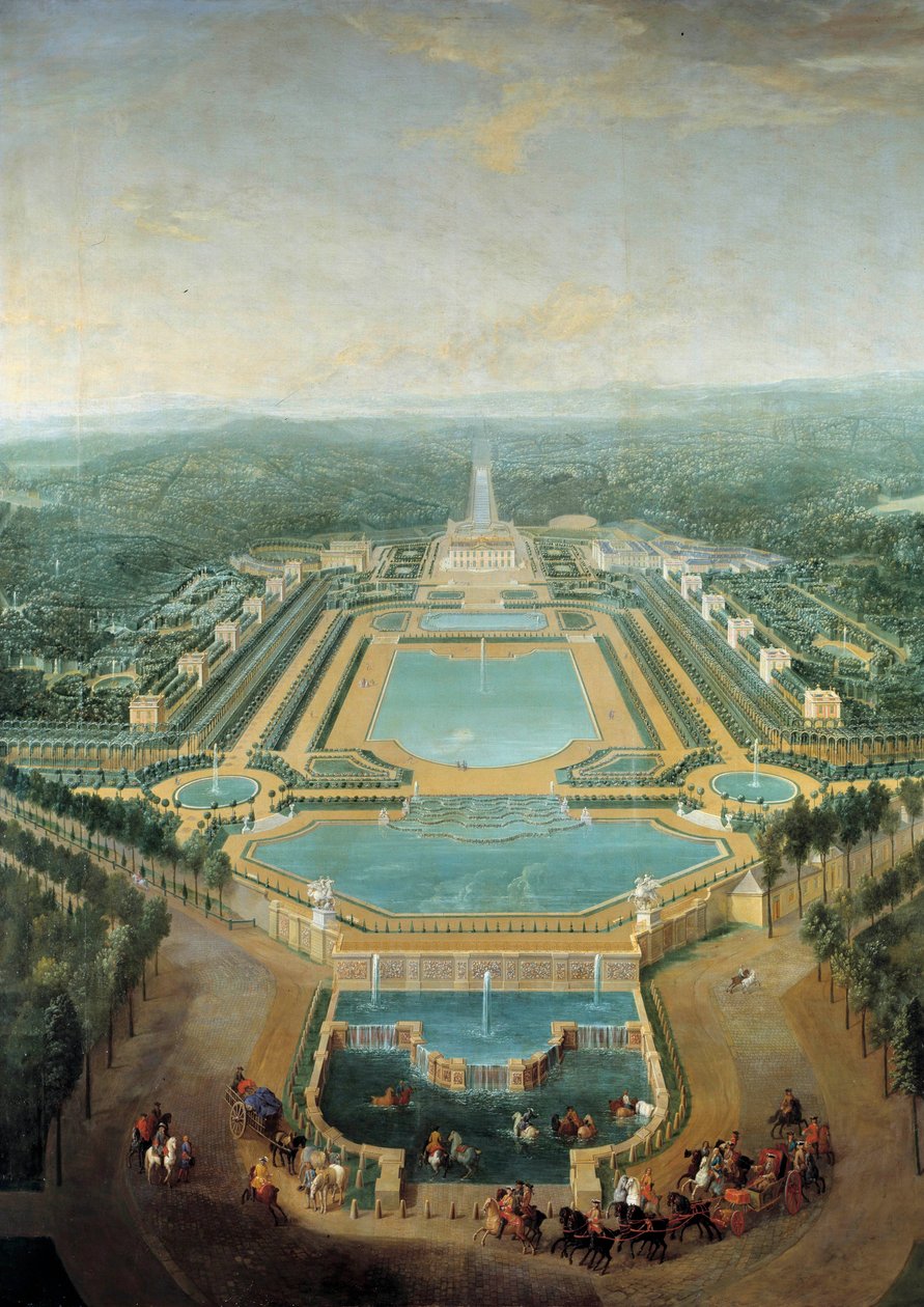 Marly kalesinin perspektif görünümü, Kral Louis XV (1710-1774) arabadaki çocuk sulama teknesinin önünden geçer Boyama Pierre Denis Martin (1663-1742) 1724 Güneş. 2,96 x 2,24 m by Pierre Denis Martin