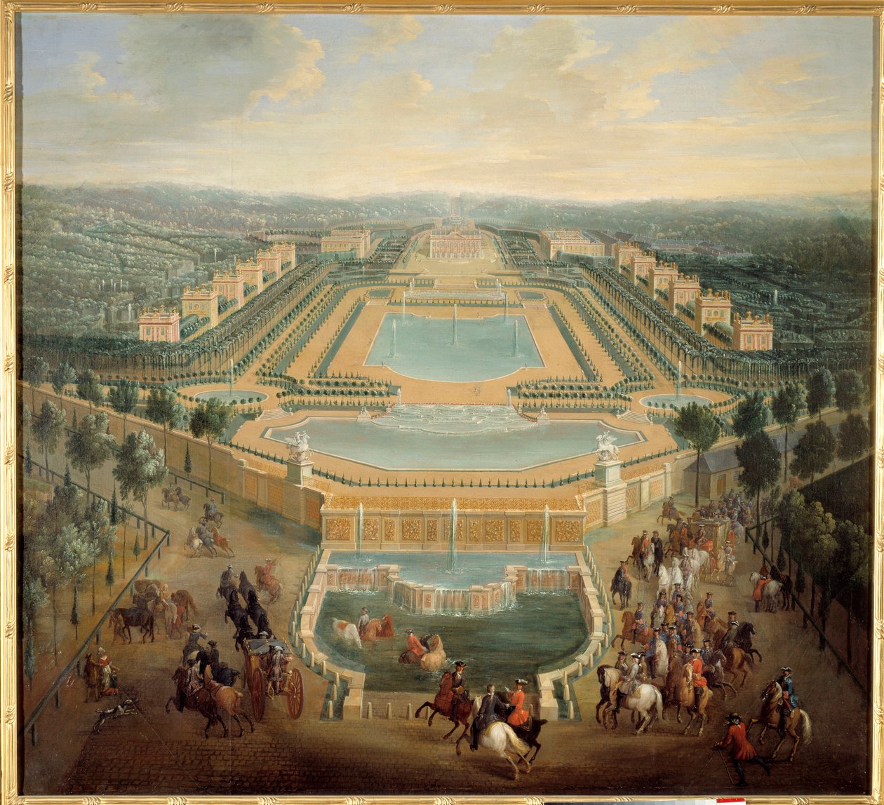 Marly kalesinin perspektif görünümü, Kral Louis XV (1710-1774) arabada kaleden ayrılır Pierre Denis Martin (1663-1742) 18. yüzyıl Güneşi. 1,37 x 1,55 m - Marly kalesinin perspektif görünümü, Kral Louis XV (1710-1774) cas