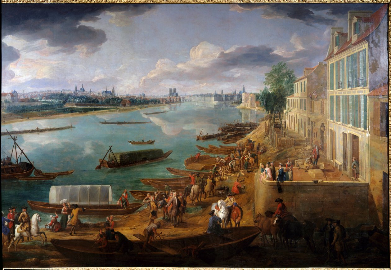 1716 yılında Quai de la Rapee'den alınan Paris manzarası, Seine Nehri üzerindeki teknelerden ve aktivitelerden detay. Pierre Denis Martin (1663-1742) 1716 Sun tarafından tablo. 1,7x3,15 m Paris, Musee Carnavalet. by Pierre Denis Martin