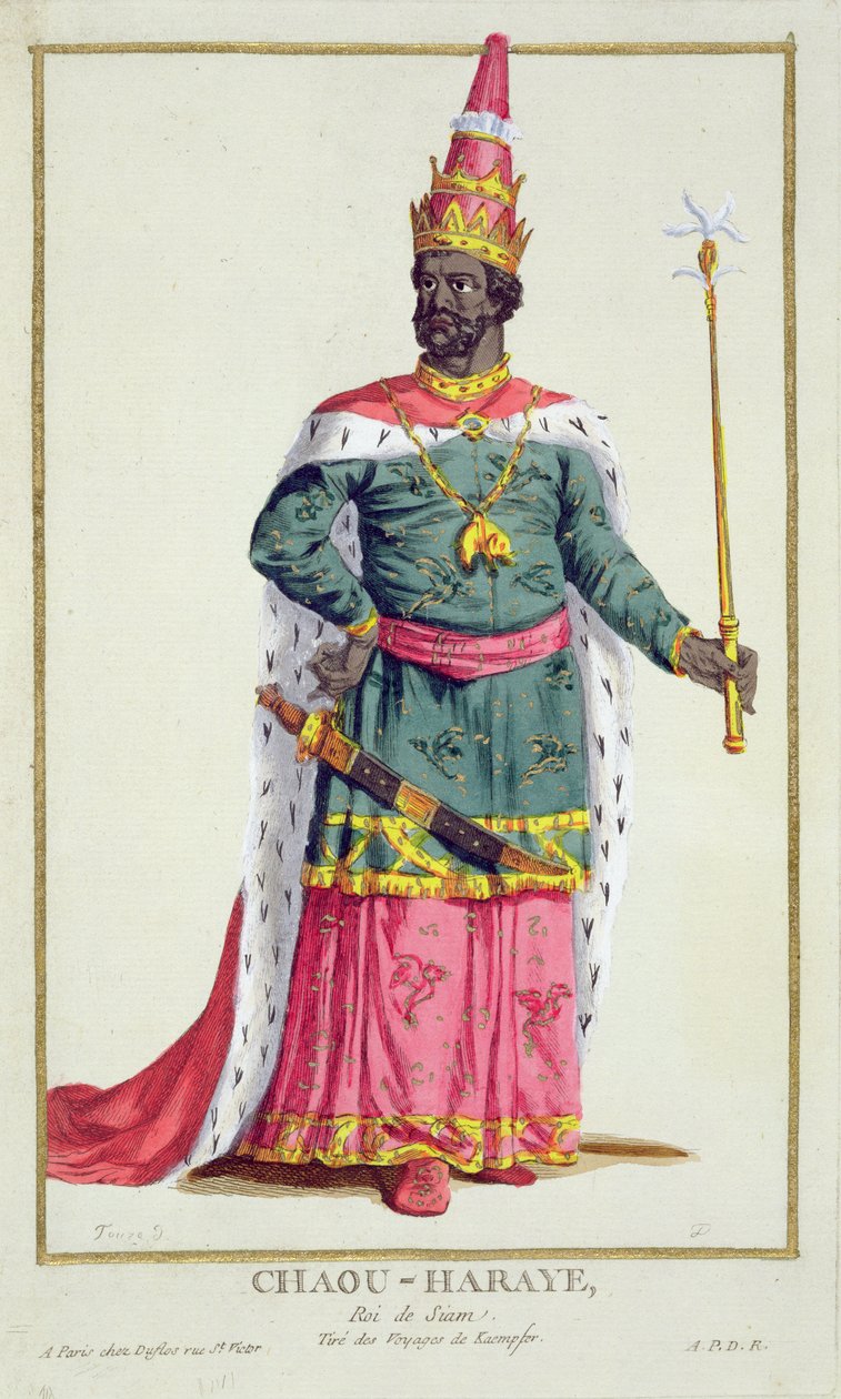Siam Kralı Chau-Haraye 'Receuil des Estampes, Temsilci des Rangs et les Dignites, Tüm Mevcut Milletlerin Kostümüne göre', 1780'de yayınlandı (el renkli gravür) by Pierre Duflos
