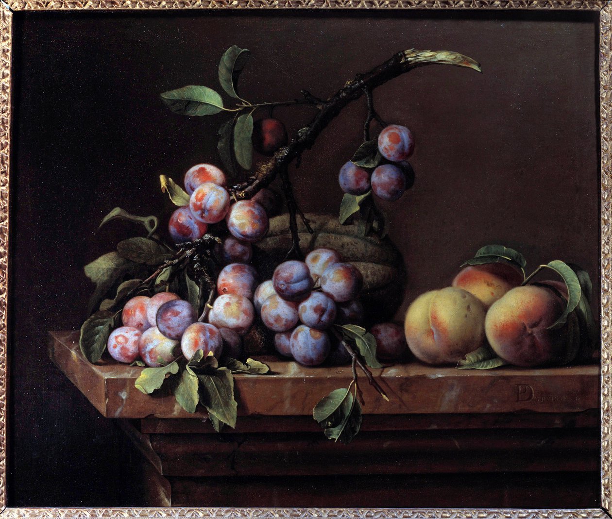 Mermer saçak üzerinde erik, kabak ve şeftali Tablosu Pierre Dupuis (1610-1682) 1650 Güneş. 0,51x0,6 m by Pierre Dupuis