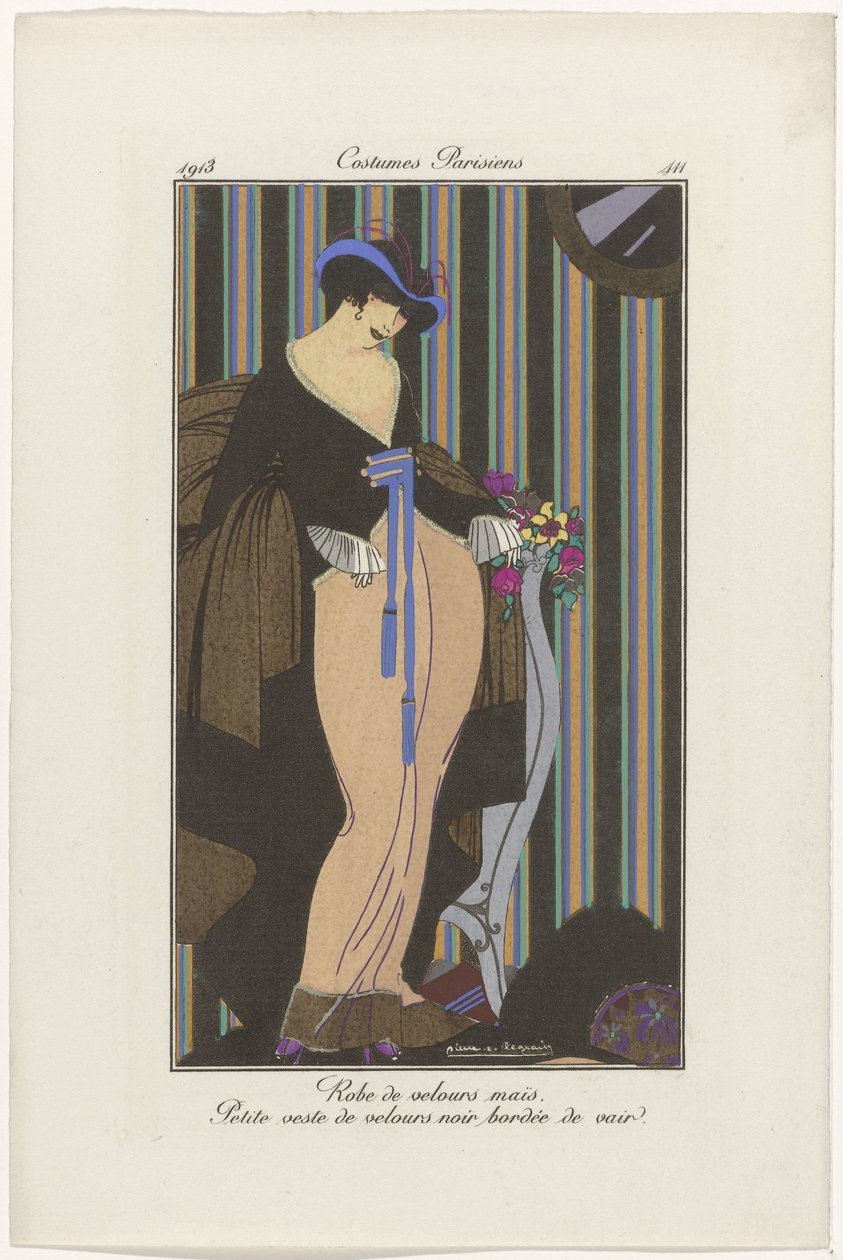Journal des Dames et des Modes: Moda İllüstratörleri Journal des Dames et des Modes: Moda Haberleri Dergisi des Dames ve des Modes, Costumes Parisiens, 1913, No. 111: Kadife elbise (...) by Pierre Emile Legrain