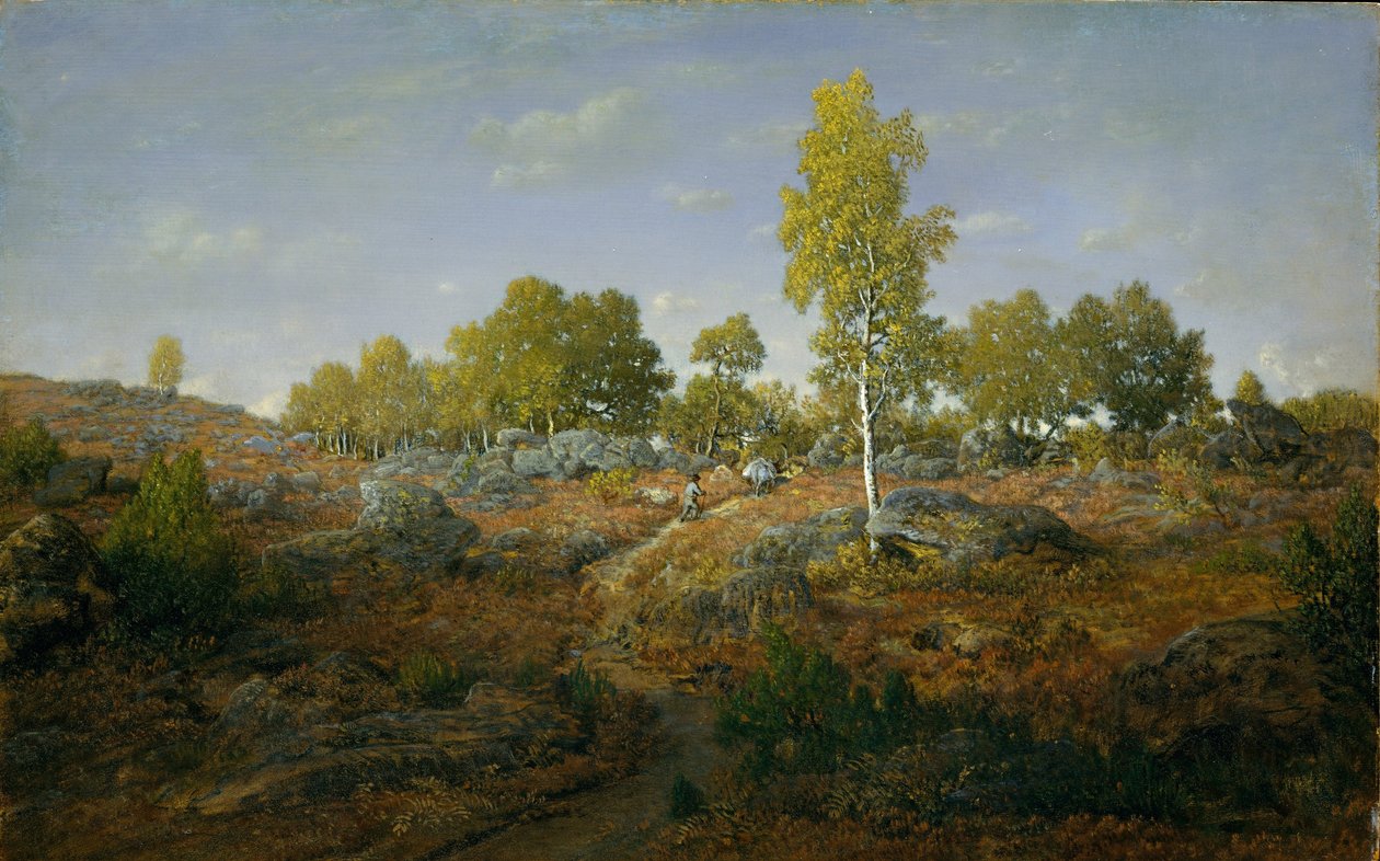 Kayalar Arasında Bir Yol, 1861 dolayları (tahta üzerine yağlı boya) by Pierre Etienne Theodore Rousseau