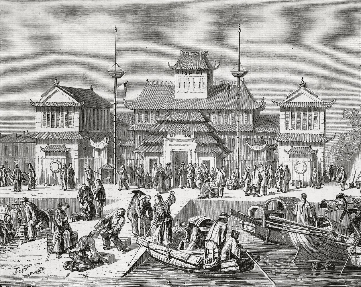 Çin, Şangay, Şangay Gümrük Evi, gravür by Pierre Eugene Grandsire