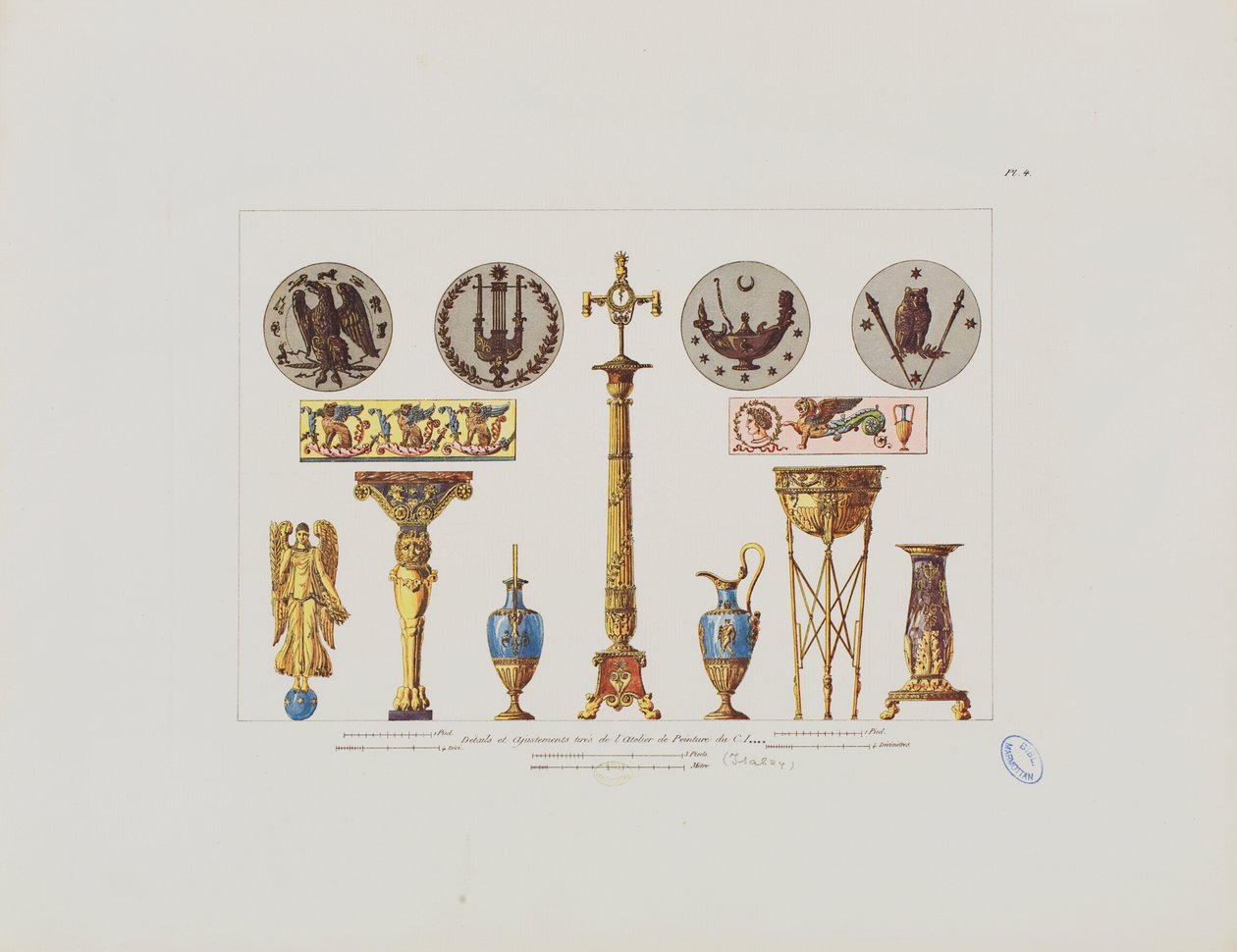 Ressam Cİ İsabey'in atölyesinden detaylar ve süslemeler, 'Mobilya ile ilgili her şeyi içeren iç dekorasyon koleksiyonu'ndan, Paris'te yayınlandı, 1801 by Pierre Francois Leonard Fontaine