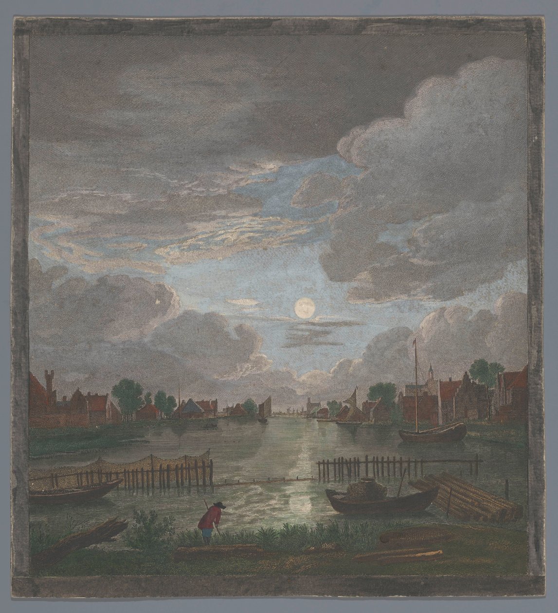 Ay ışığında Haarlem şehri yakınlarındaki bir kanalın görünümü Vûe du canal proche de Haerlem (nesne üzerindeki başlık) by Pierre François Basan