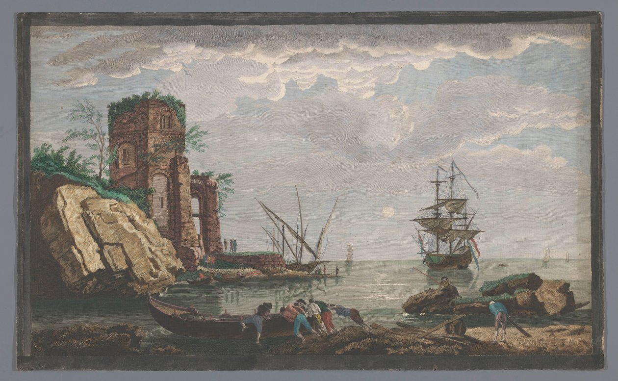 Toulon şehri yakınlarındaki bir sahilin ay ışığında görünümü Vüe des environs de Toulon (nesnenin üzerindeki başlık) by Pierre François Basan