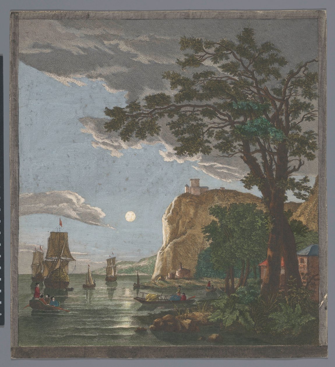 Ay ışığında suda gemiler ve teknelerle dolu bir sahil manzarası La pleine lune (nesne üzerindeki başlık) by Pierre François Basan