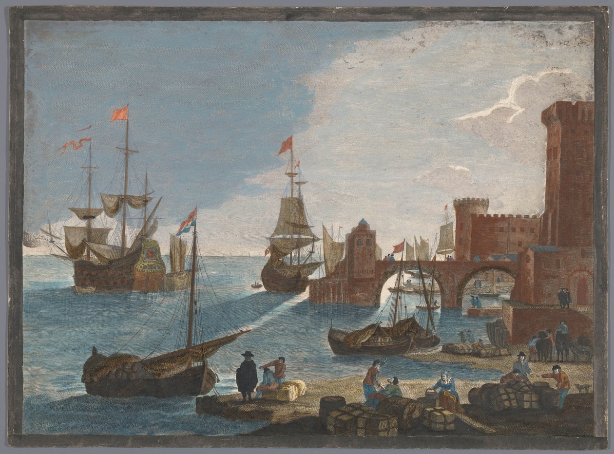 11. su üzerinde gemiler ve tekneler ile bir liman manzarası. Vüe maritime (nesne üzerindeki başlık) by Pierre François Basan