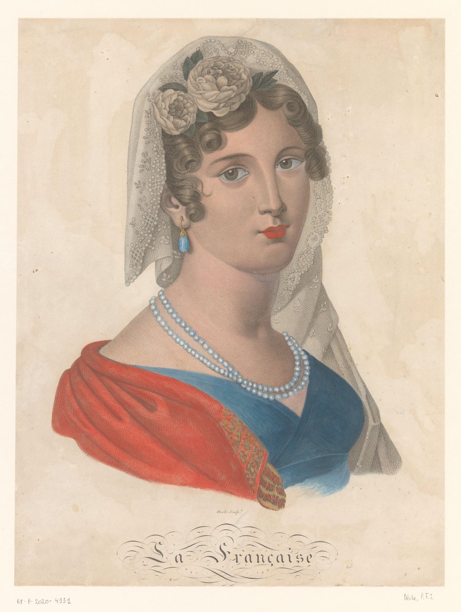 Mavi değerli taşlı küpeli, beyaz duvaklı ve saçında güllü Fransız kadın La Française (nesnedeki başlık) by Pierre François Isidore Dècle
