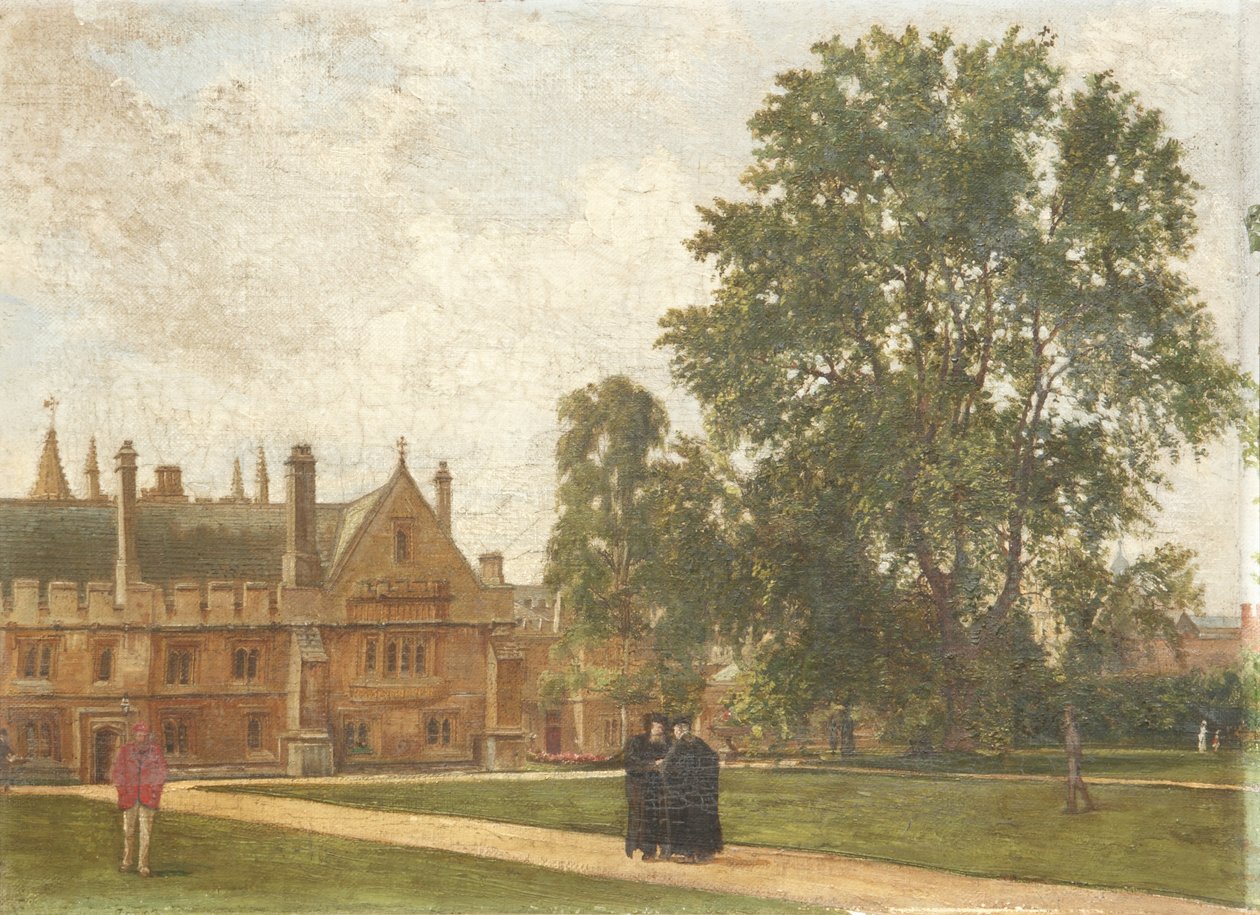 Magdalen Koleji Arazisinde, Magdalen Üyelerinin Portreleri ile: Muhterem T. H. T. Hopkins, Muhterem H. R. Bramley, Muhterem J. Rigaud ve Muhterem H. F. Garnsey, 1882 by Pierre François Joseph Tonneau