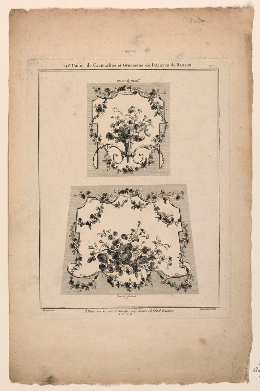 Goblen Sandalye Koltukları için Tasarımlar, "Cahier de Cartouches et Ornemens de l'Oeuvre de Ranson"dan Plaka 1 by Pierre Gabriel Berthault