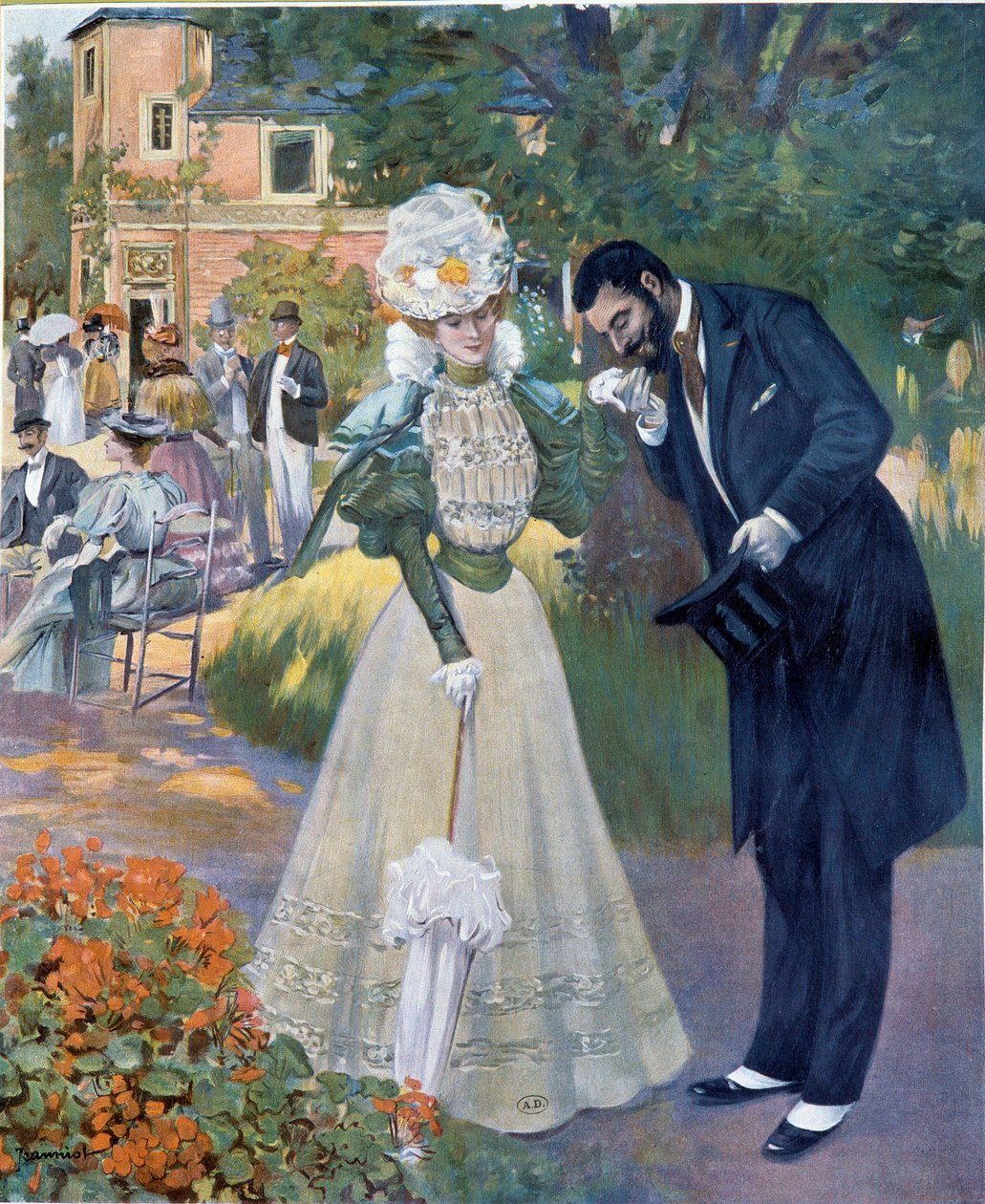 Belle epoque: "El seksi": bir resepsiyonda bir kadını selamlayan bir adam. Jeanniot