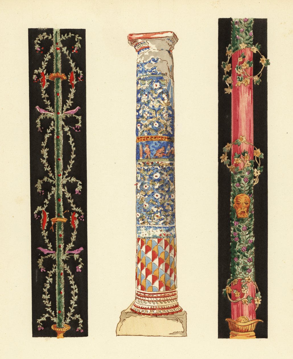 Dördüncü Pompei Tarzında dekoratif şamdan (1,3) ve emaye mozaik sütun (2), Pompeii by Pierre Gusman