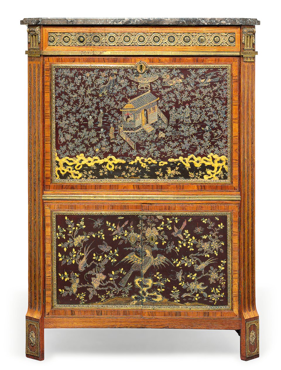 Louis XVI Secretaire a Abbatant, 18. yüzyılın sonları (mermer, deri, ormoluya monte edilmiş kral ağacı, lale ağacı, amaranth, sedef kakma Çin cilası ve Japanning) (ayrıca bkz. 3479849) by Pierre Harry Mewesen