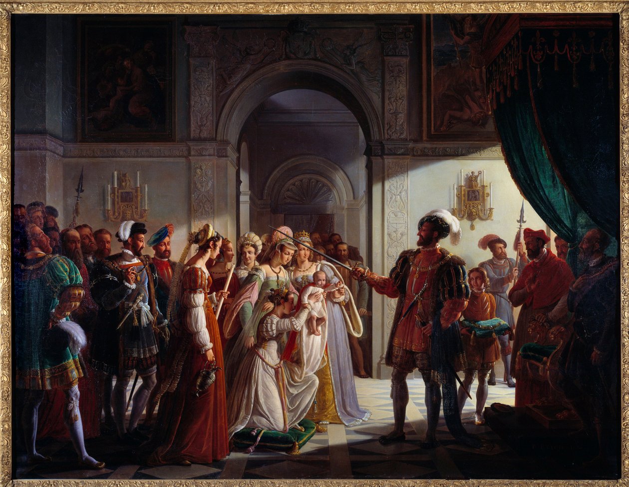 François I (1494-1547) silahlı şövalye torunu II. François (1544-1560). Genç prense, ebeveynleri Henry II (1519-1559) ve Catherine de Medici (Caterina de Medici) (1519-1589) eşlik ediyor. Pierre Henri Revoil