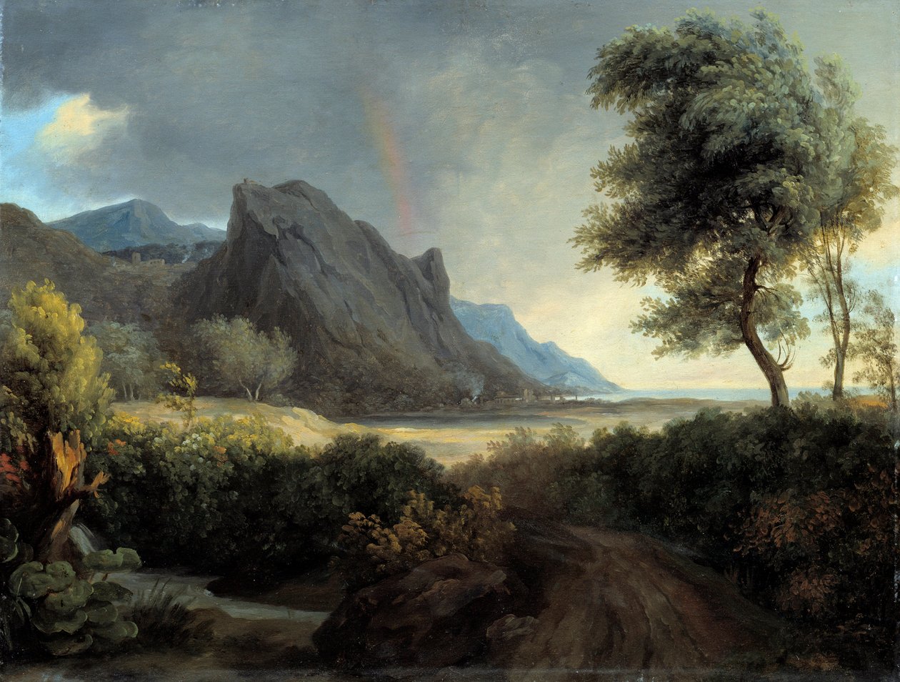 Denizin yıkadığı dağlık manzara. Gökkuşağı. - Pierre de Valenciennes (1750-1819) 19. yüzyıl Paz. 0,4x0,53m by Pierre Henri de Valenciennes